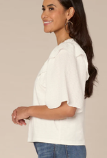 Democracy Democracy  O.White Smock Ruffle Short Sleeve Round Neck Mixed Media Top LB