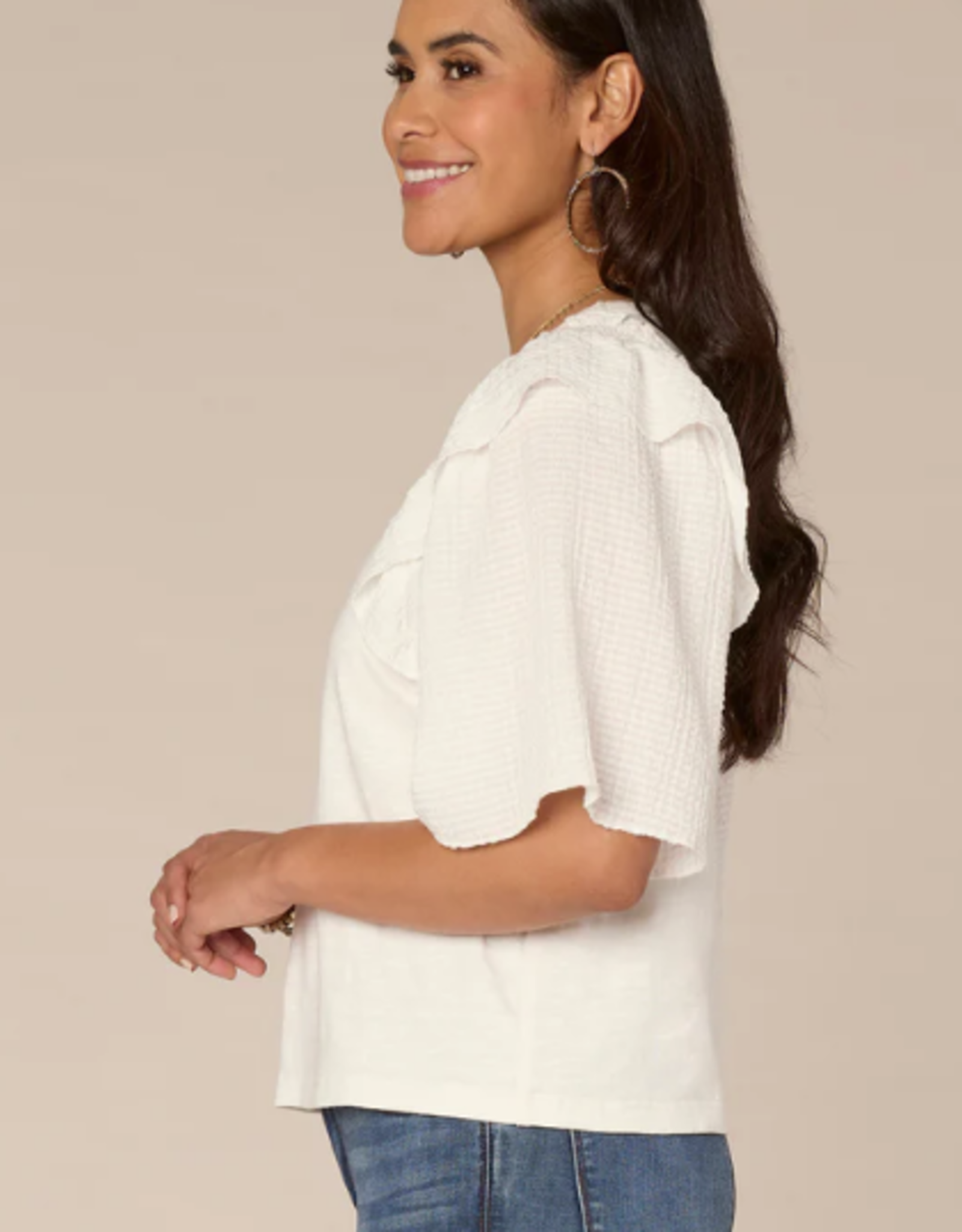 Democracy Democracy  O.White Smock Ruffle Short Sleeve Round Neck Mixed Media Top LB