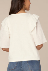 Democracy Democracy  O.White Smock Ruffle Short Sleeve Round Neck Mixed Media Top LB