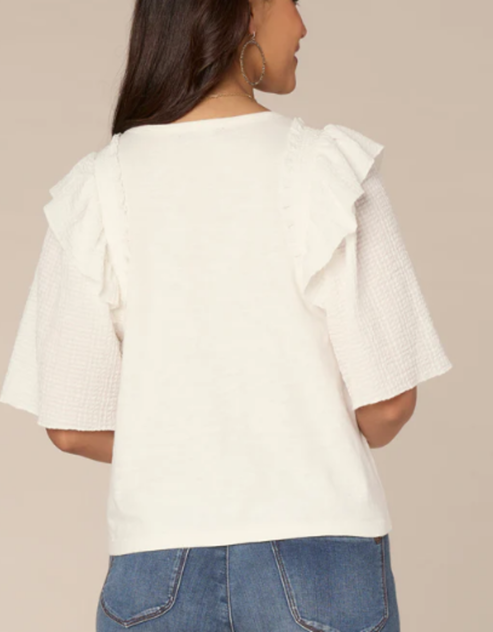 Democracy Democracy  O.White Smock Ruffle Short Sleeve Round Neck Mixed Media Top LB