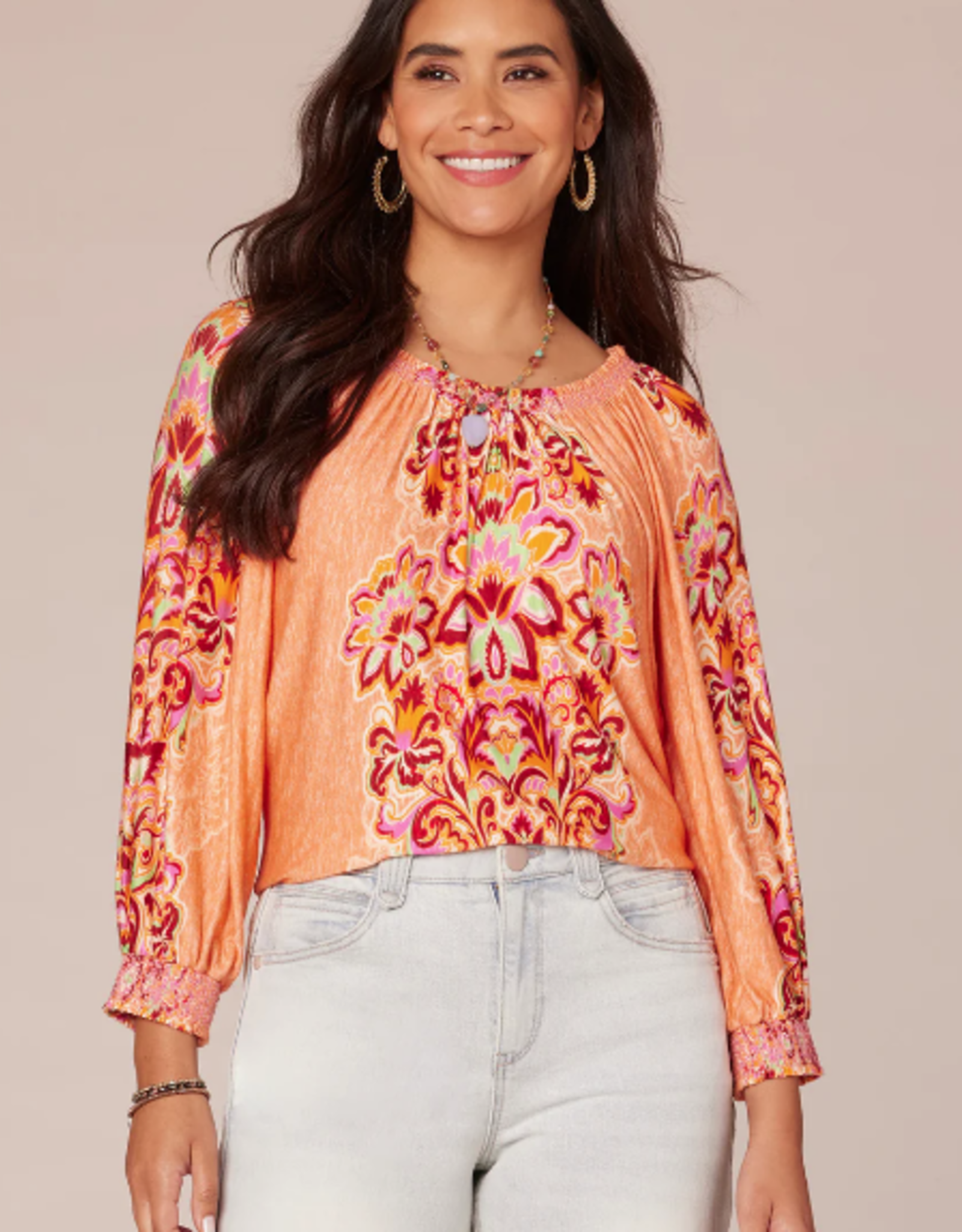 Democracy Democracy  Winter Melon 3/4 Sleeve Smocked Neck Shirttail Hem Top LK