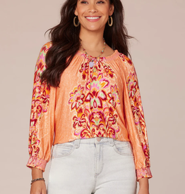 Democracy Democracy  Winter Melon 3/4 Sleeve Smocked Neck Shirttail Hem Top LK