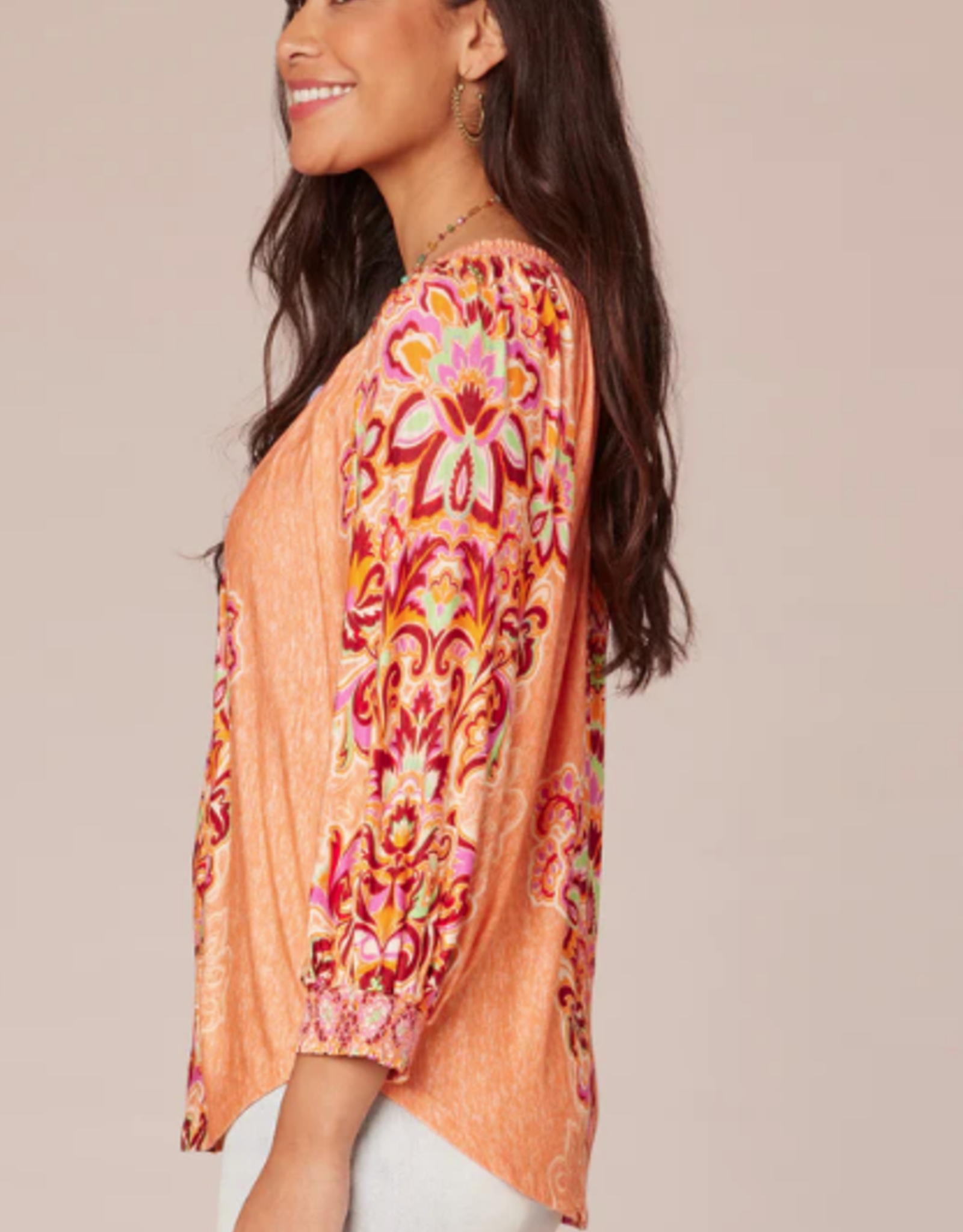 Democracy Democracy  Winter Melon 3/4 Sleeve Smocked Neck Shirttail Hem Top LK