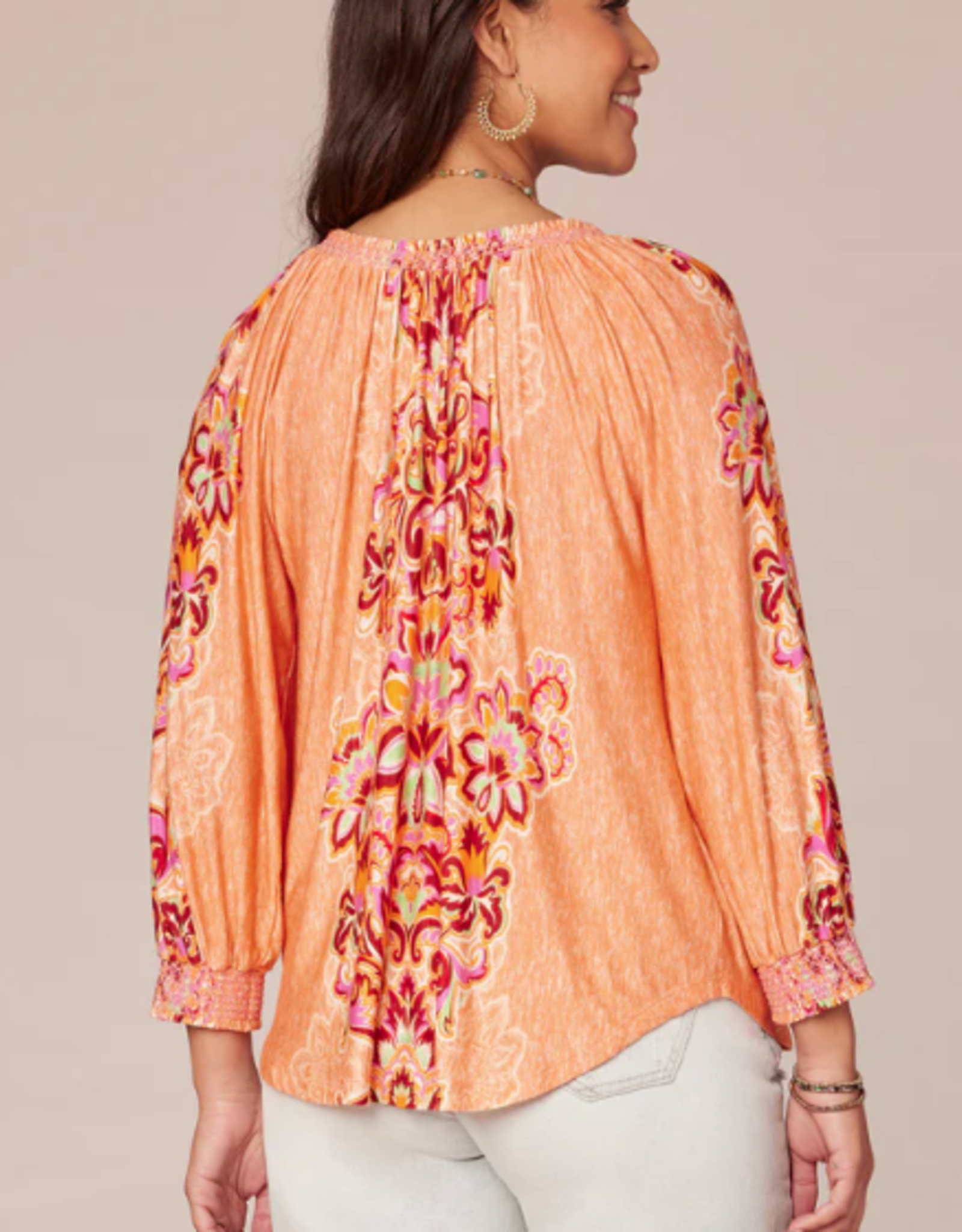 Democracy Democracy  Winter Melon 3/4 Sleeve Smocked Neck Shirttail Hem Top LK