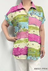 Creations Lady Liberty AM301 Multi Color Button Up Short Sleeve Printed Top LB