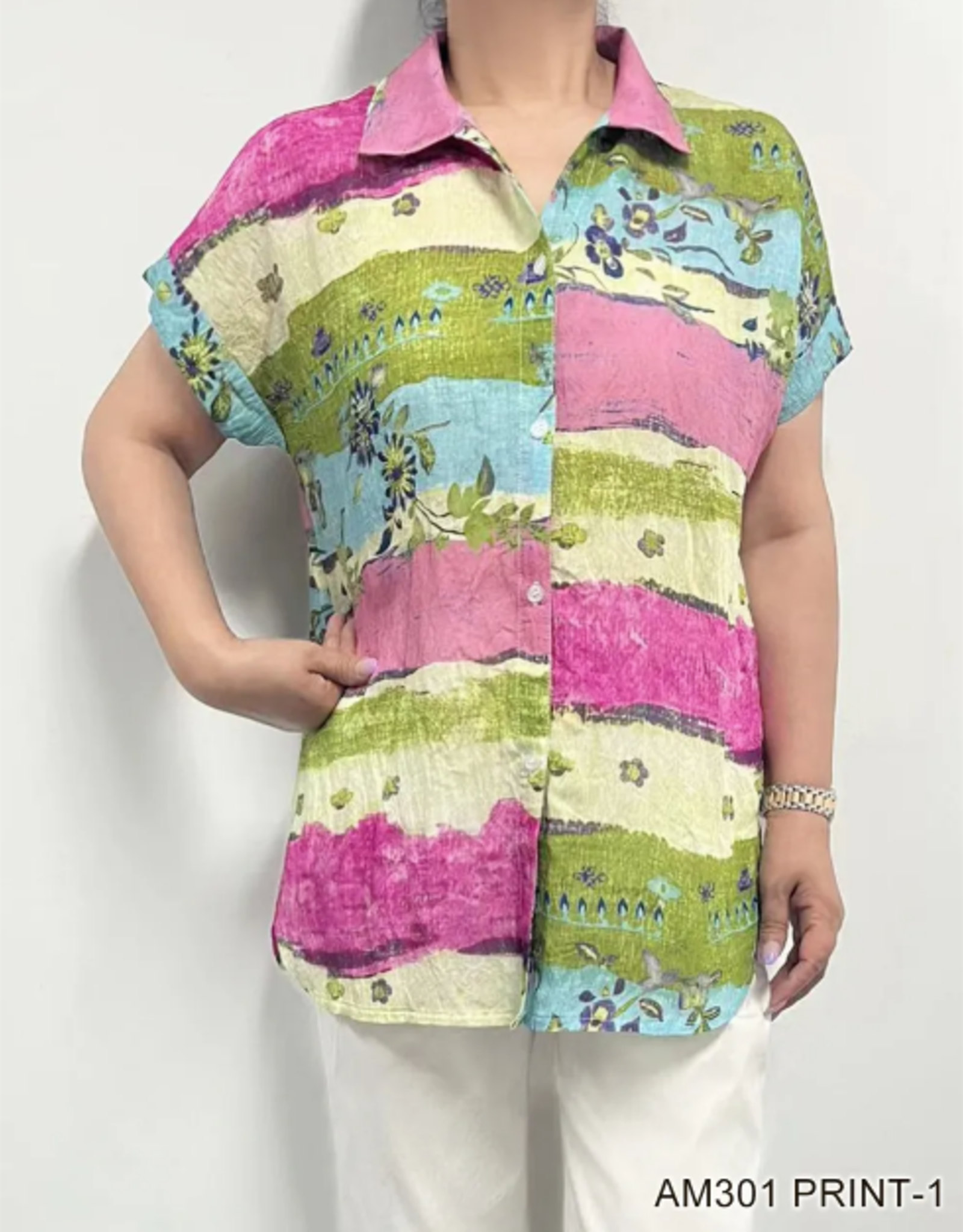 Creations Lady Liberty AM301 Multi Color Button Up Short Sleeve Printed Top LB