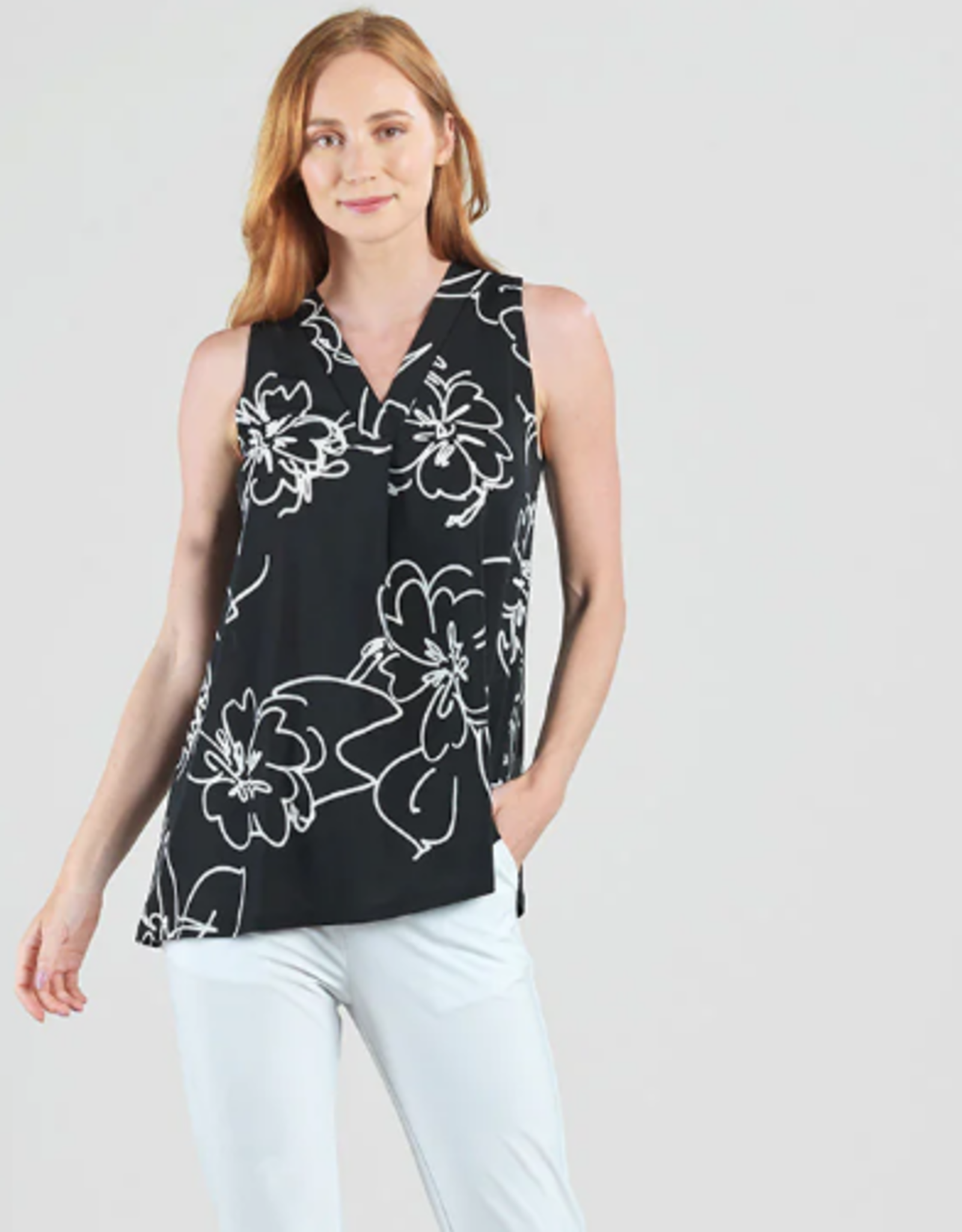 Clara Sun Woo Clara Sun Woo Black/White Floral Sketch Soft Crepe V NeckTank Blouse CL