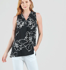 Clara Sun Woo Clara Sun Woo Black/White Floral Sketch Soft Crepe V NeckTank Blouse CL
