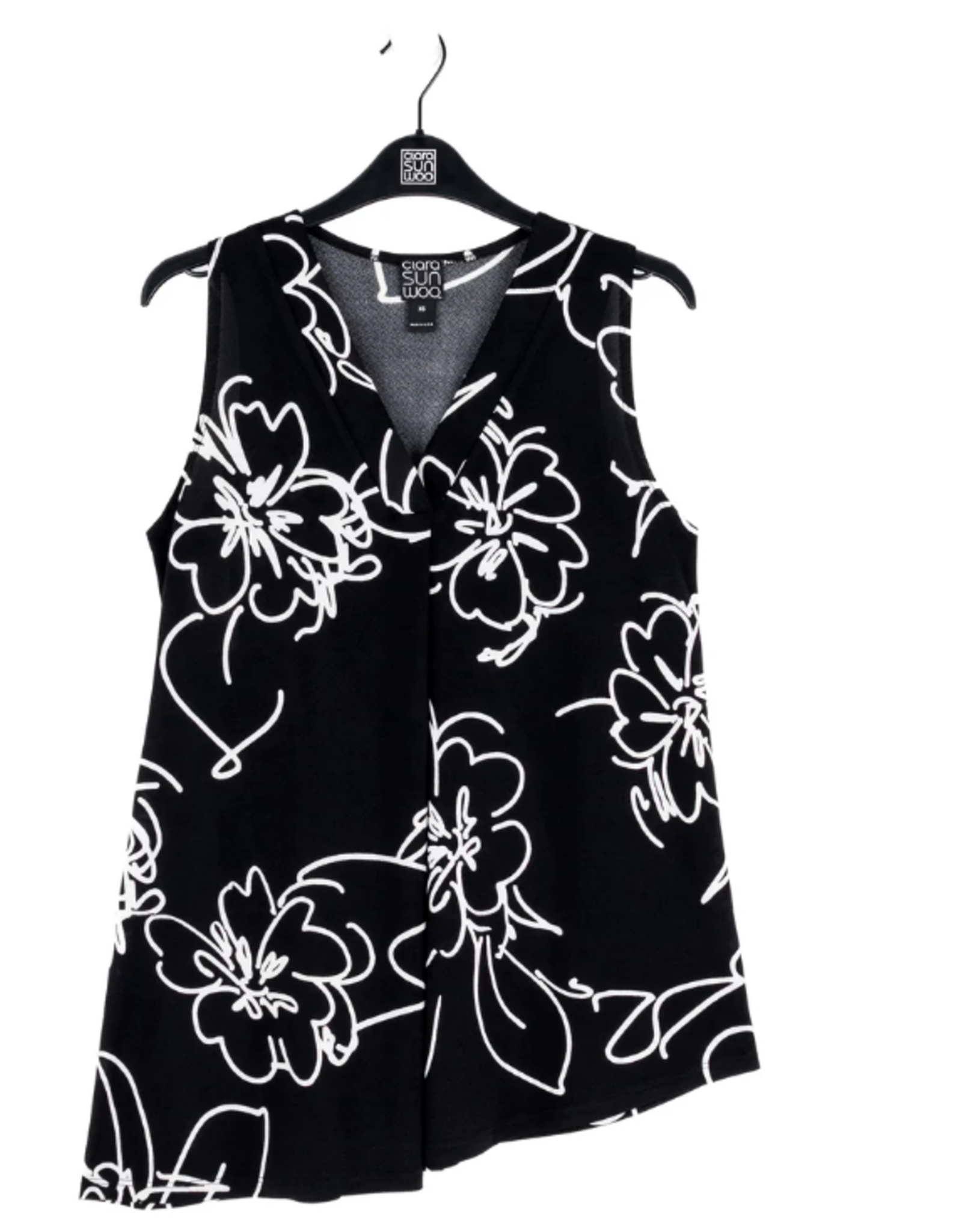 Clara Sun Woo Clara Sun Woo Black/White Floral Sketch Soft Crepe V NeckTank Blouse CL