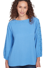 Ruby Rd Ruby Rd Bluebird 3/4 Sleeve Scoop Neck Textured Knit Top W/Lace Trim BK