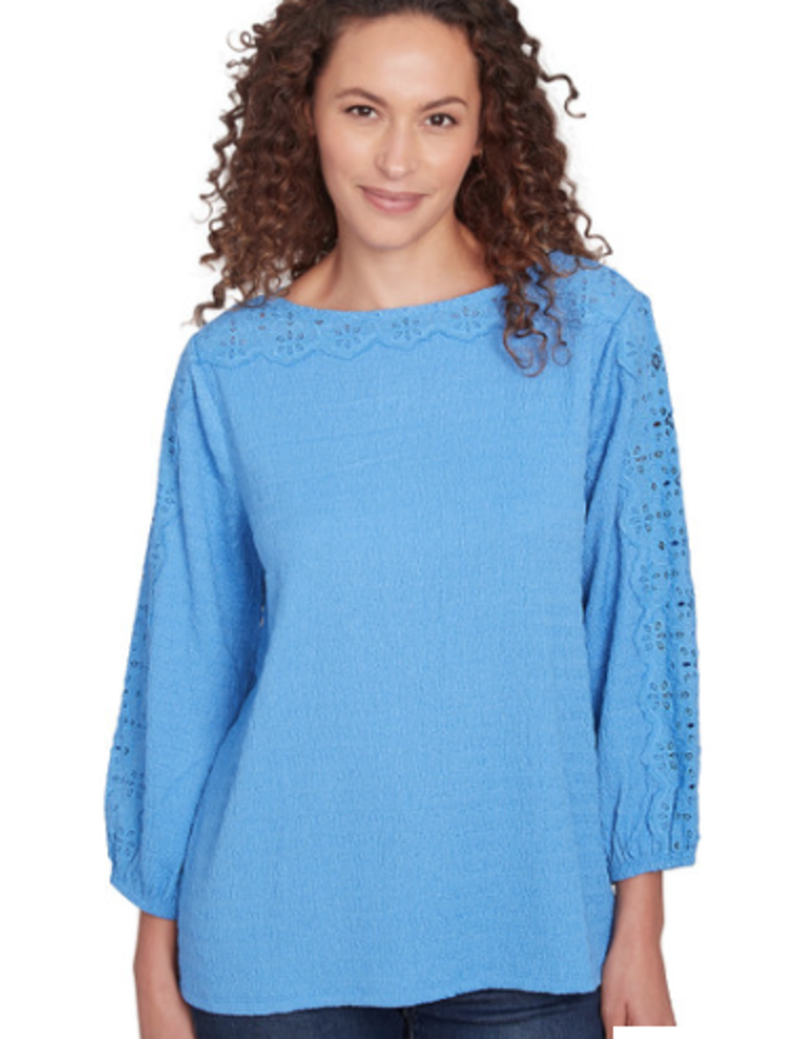 Ruby Rd Ruby Rd Bluebird 3/4 Sleeve Scoop Neck Textured Knit Top W/Lace Trim BK