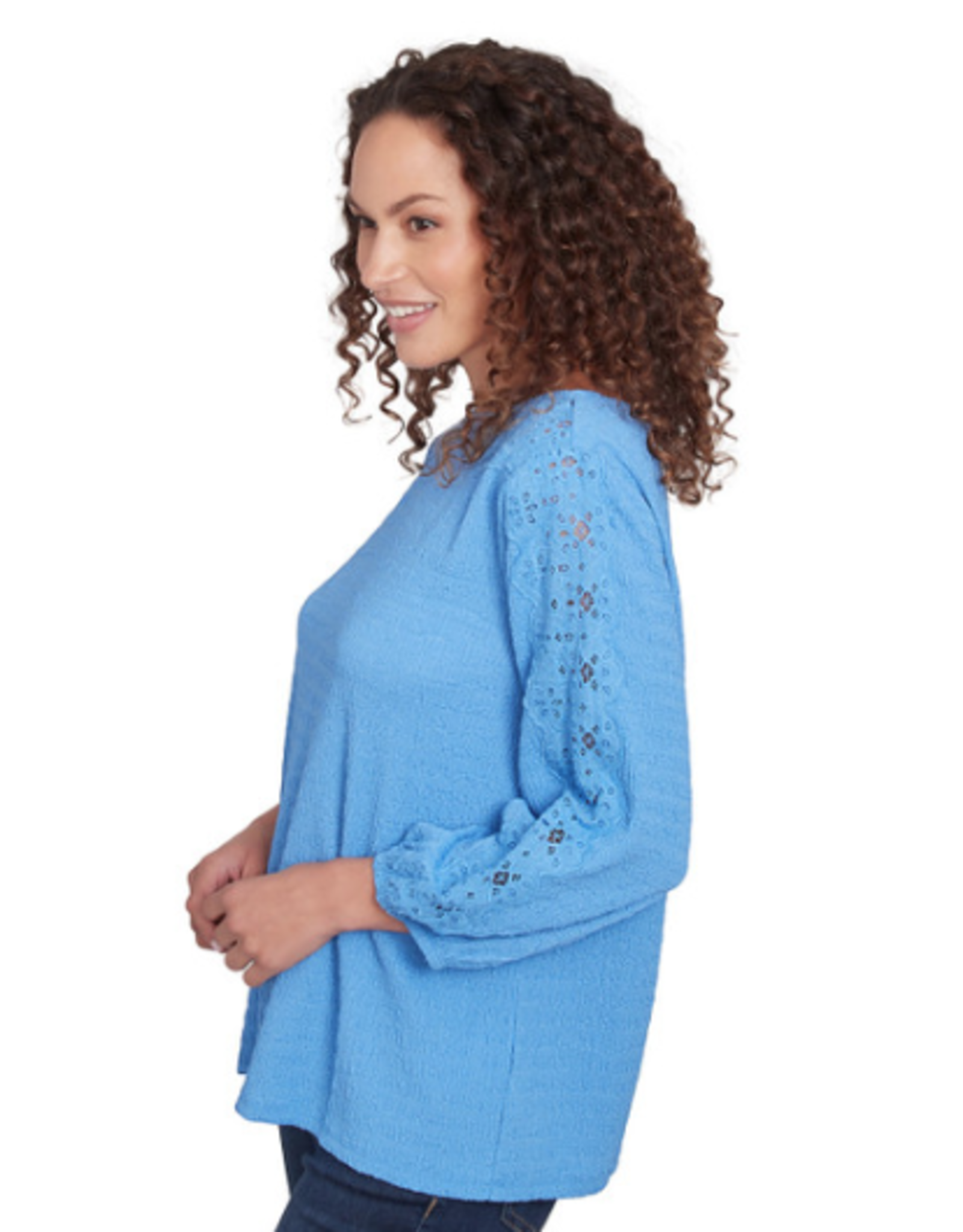 Ruby Rd Ruby Rd Bluebird 3/4 Sleeve Scoop Neck Textured Knit Top W/Lace Trim BK