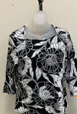 Ruby Rd Ruby Rd  Petite  Black Multi 3/4 Sleeve Envelope Neck Linear Poppies Print Knit Top BA