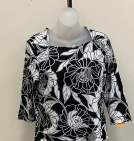Ruby Rd Ruby Rd  Petite  Black Multi 3/4 Sleeve Envelope Neck Linear Poppies Print Knit Top BA
