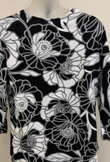 Ruby Rd Ruby Rd  Petite  Black Multi 3/4 Sleeve Envelope Neck Linear Poppies Print Knit Top BA