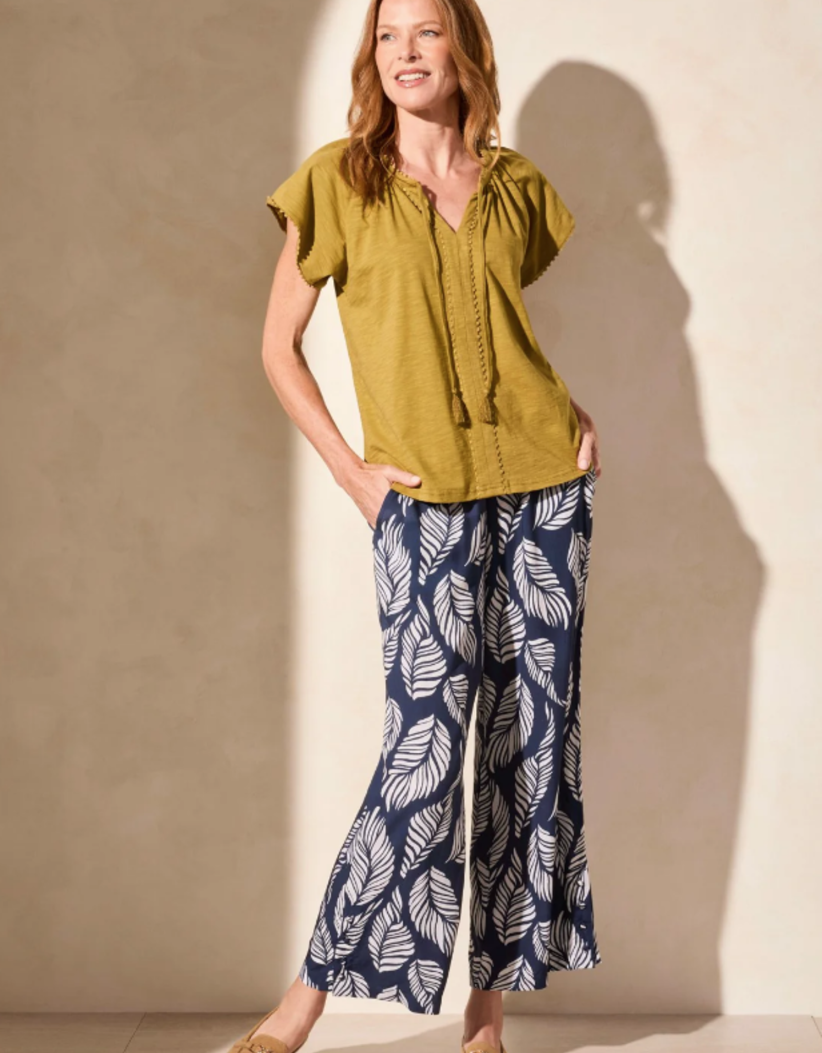 Tribal Tribal Greenmoss Short Sleeve Split Neck W/Tassel