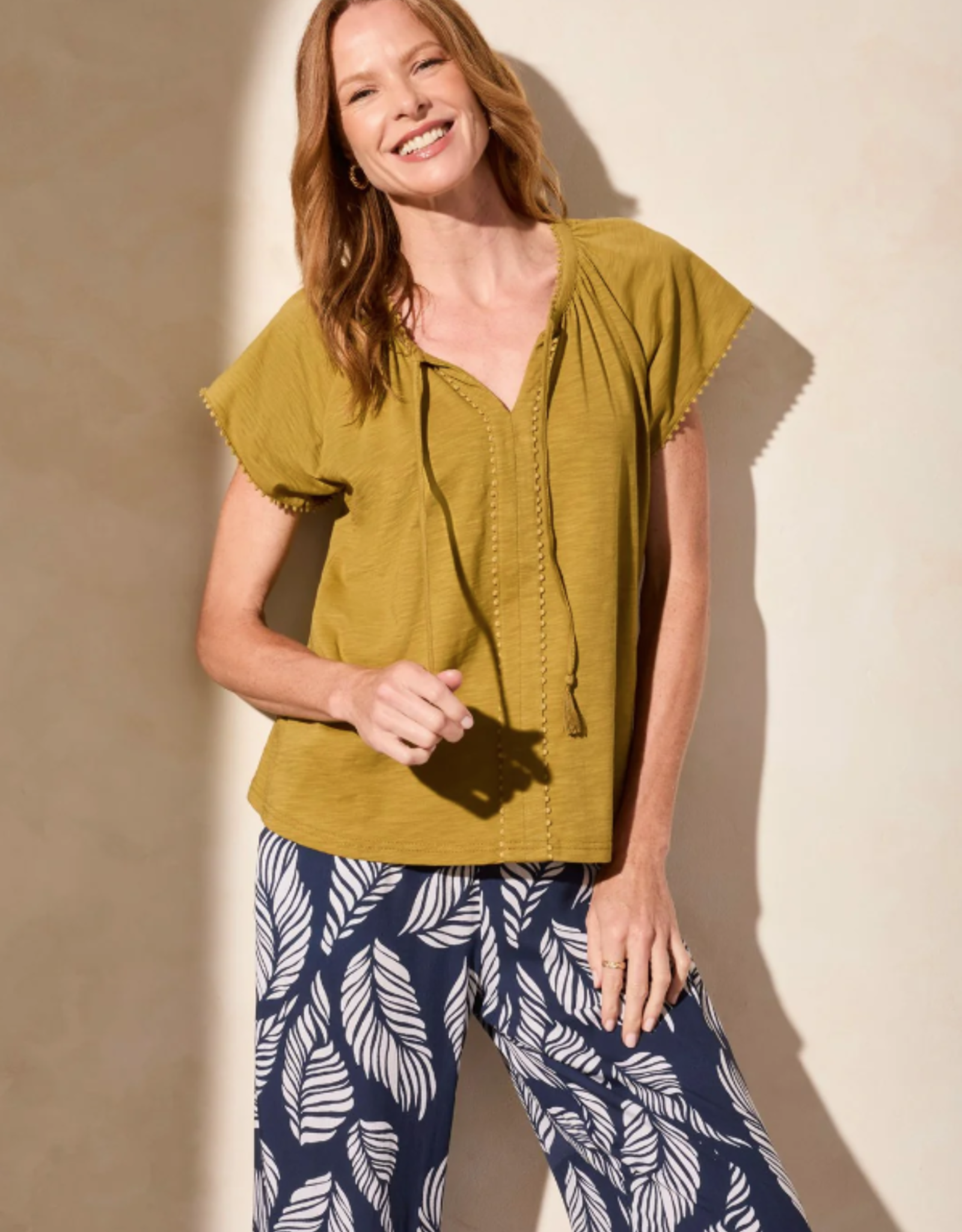 Tribal Tribal Greenmoss Short Sleeve Split Neck W/Tassel