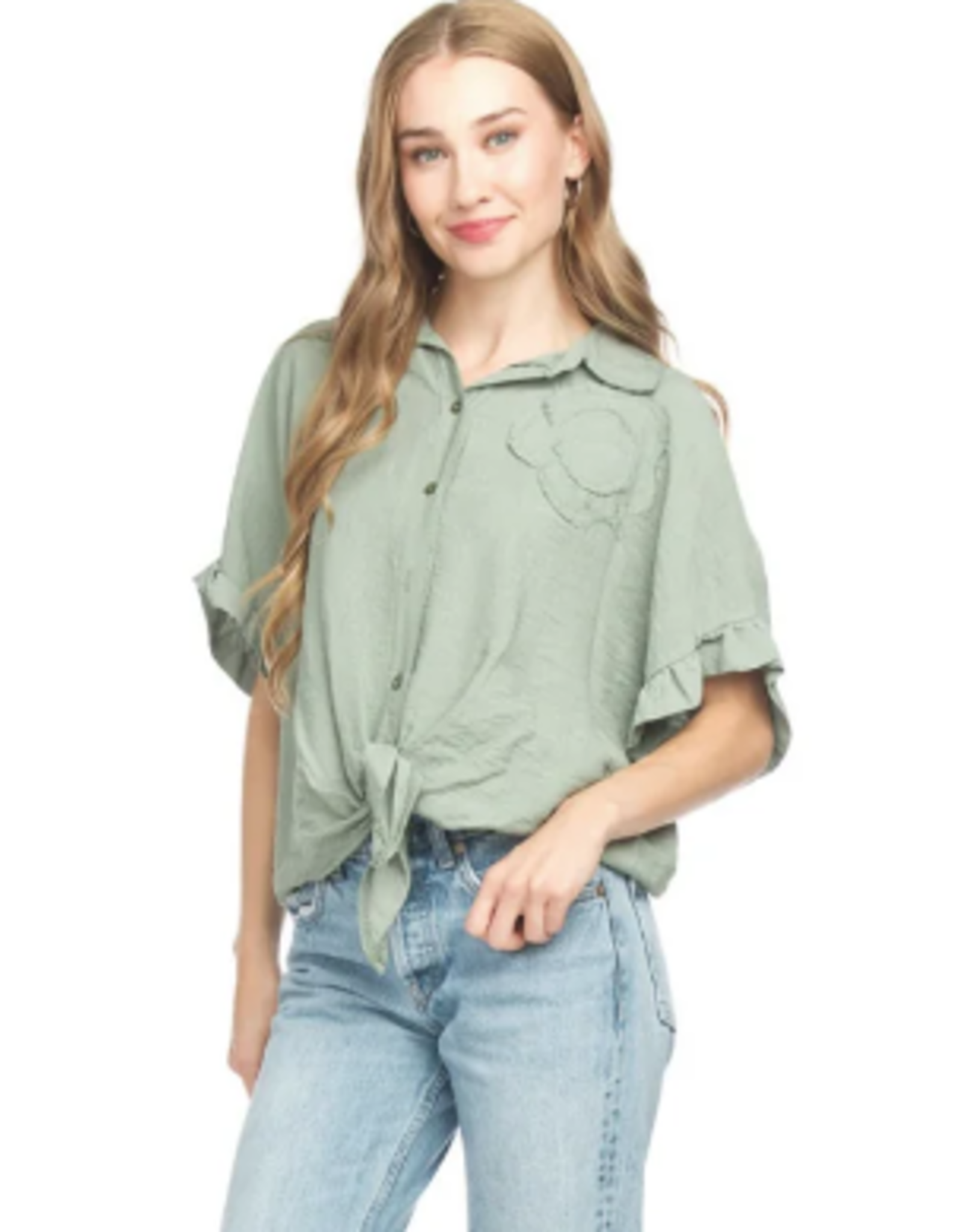 Papillon Papillon PT18112 Khaki Short Sleeve Tie Top W/Floral Design LS