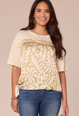 Democracy Democracy  Elbow Sleeve Scoop Neck Side Tie Placement Print Mixed Media Knit