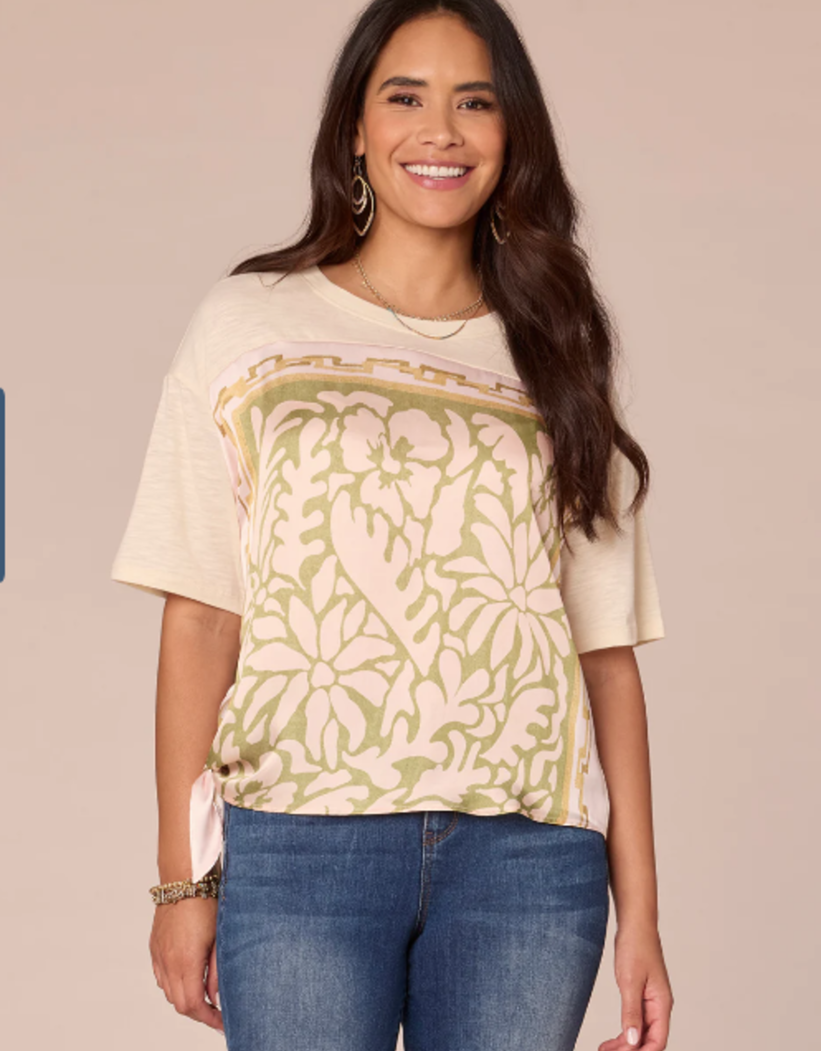 Democracy Democracy  Elbow Sleeve Scoop Neck Side Tie Placement Print Mixed Media Knit