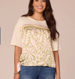 Democracy Democracy Elbow Sleeve Scoop Neck Side Tie Placement Print Mixed Media Knit
