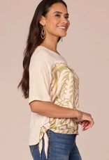 Democracy Democracy  Elbow Sleeve Scoop Neck Side Tie Placement Print Mixed Media Knit