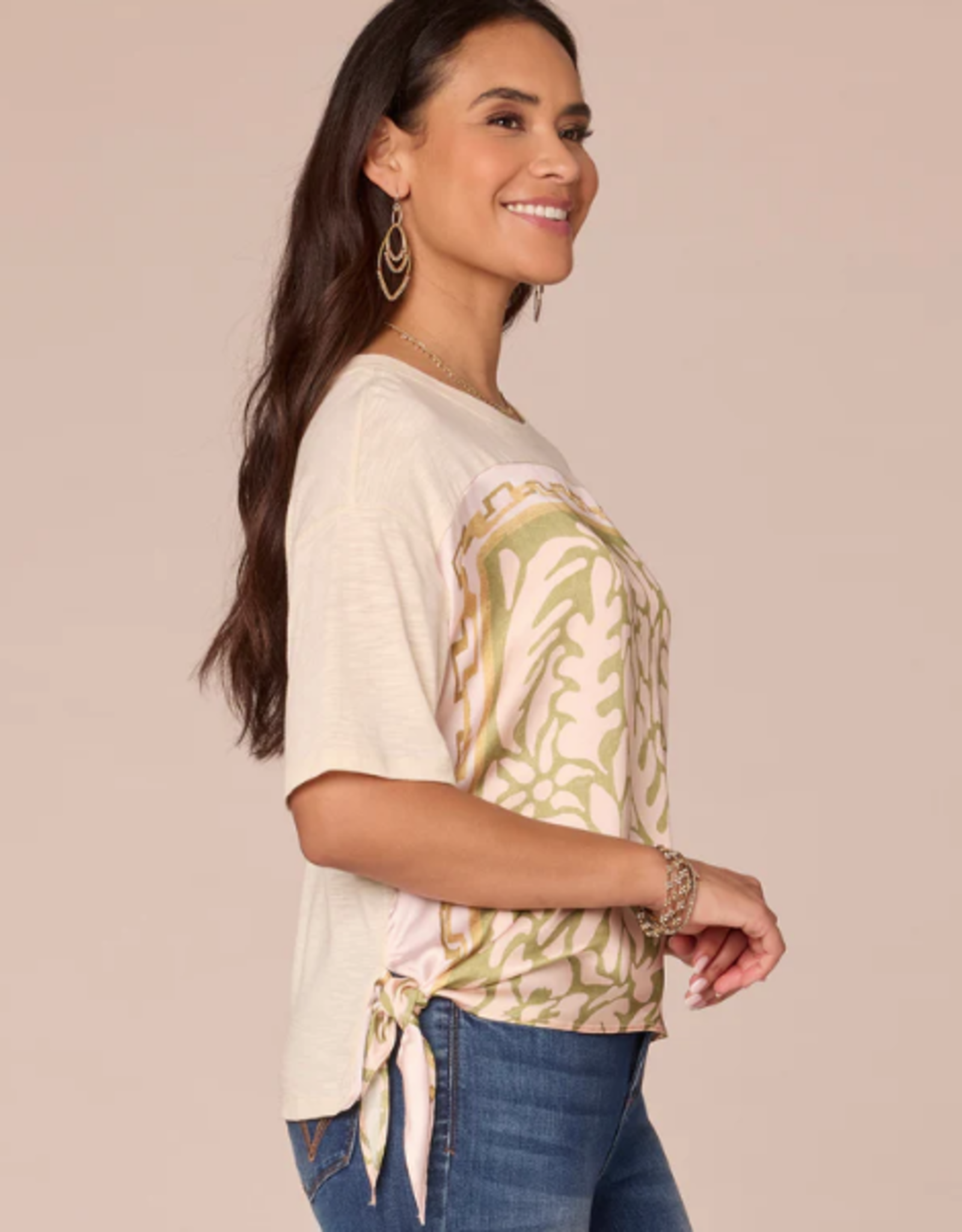 Democracy Democracy  Elbow Sleeve Scoop Neck Side Tie Placement Print Mixed Media Knit