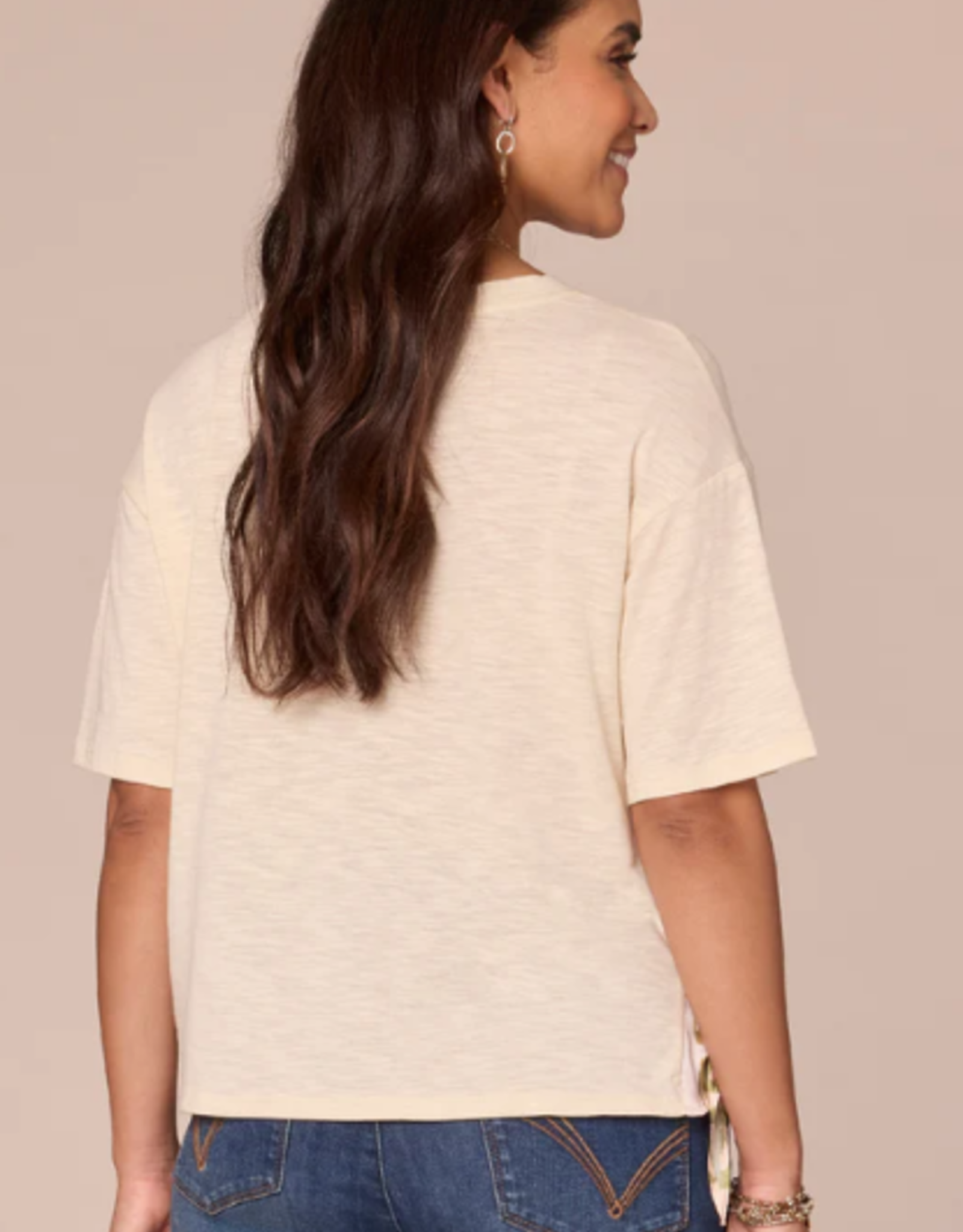 Democracy Democracy  Elbow Sleeve Scoop Neck Side Tie Placement Print Mixed Media Knit