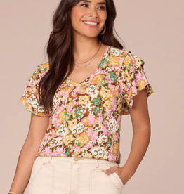 Democracy Democracy Dandelion Multi Print S/S Ruffle Detail Top  LB