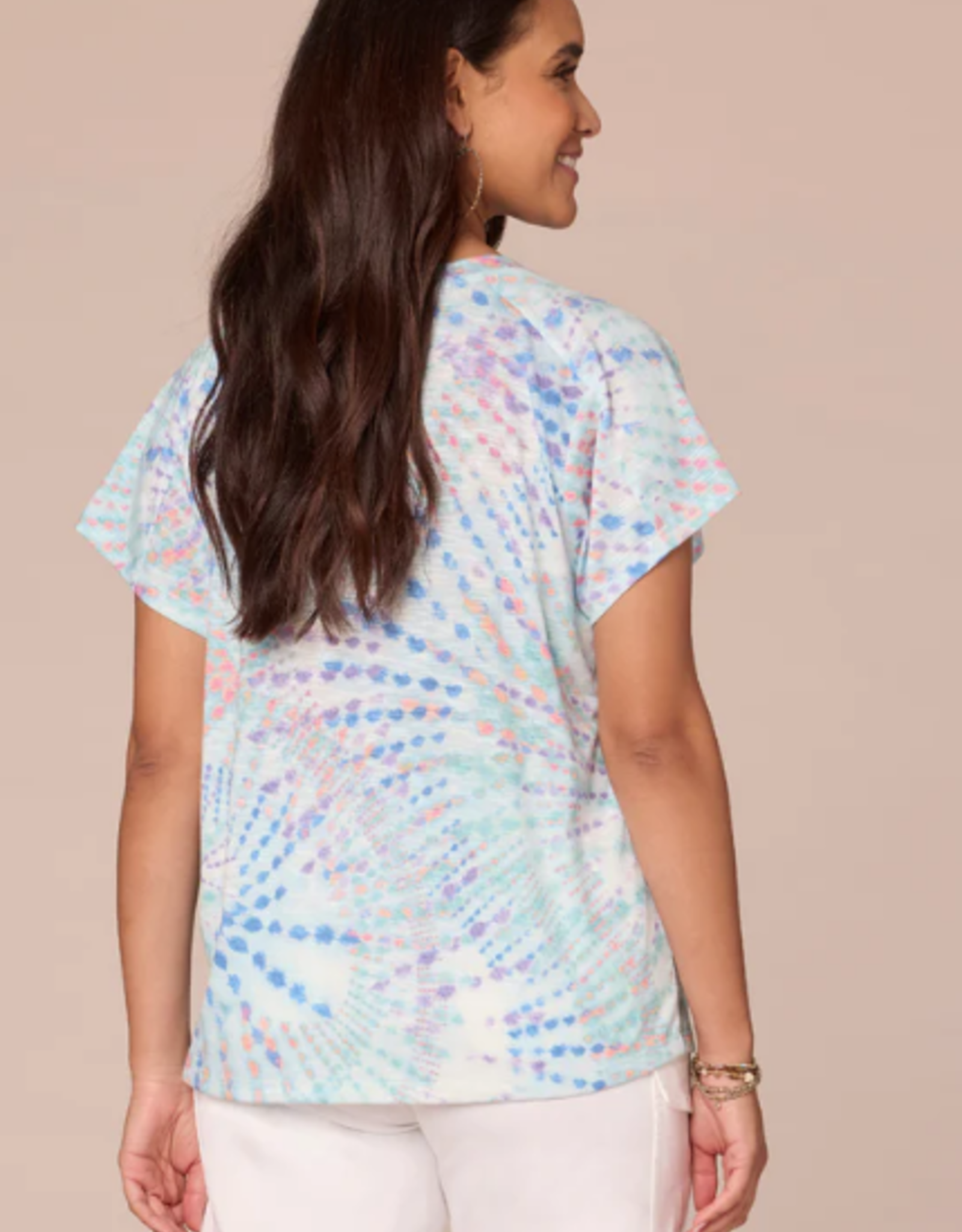 Democracy Democracy Blue Topaz Multi Short Sleeve Scoop Neck Placement Print Knit Boyfriend Tee BR
