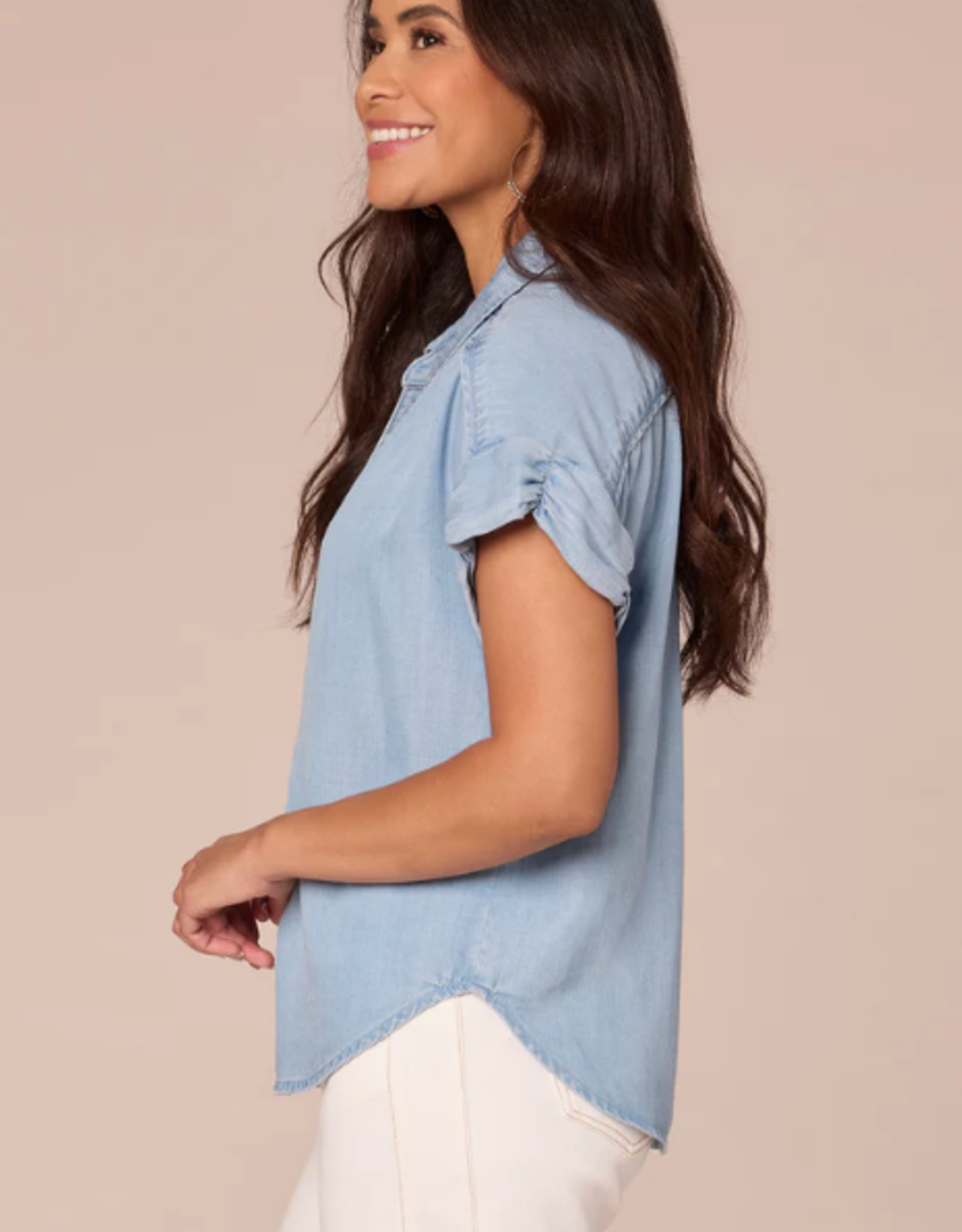 Democracy Democracy Light Blue S/S Collar Button Down Pleated Petite Woven Shirt AE
