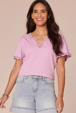 Democracy Democracy Short Bell Sleeve Scallop Crochet Edge Split V-Neck Petite Knit Top LH