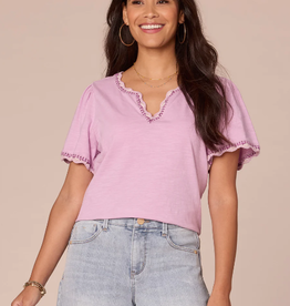 Democracy Democracy Short Bell Sleeve Scallop Crochet Edge Split V-Neck Petite Knit Top LH