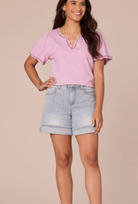 Democracy Democracy Short Bell Sleeve Scallop Crochet Edge Split V-Neck Petite Knit Top LH