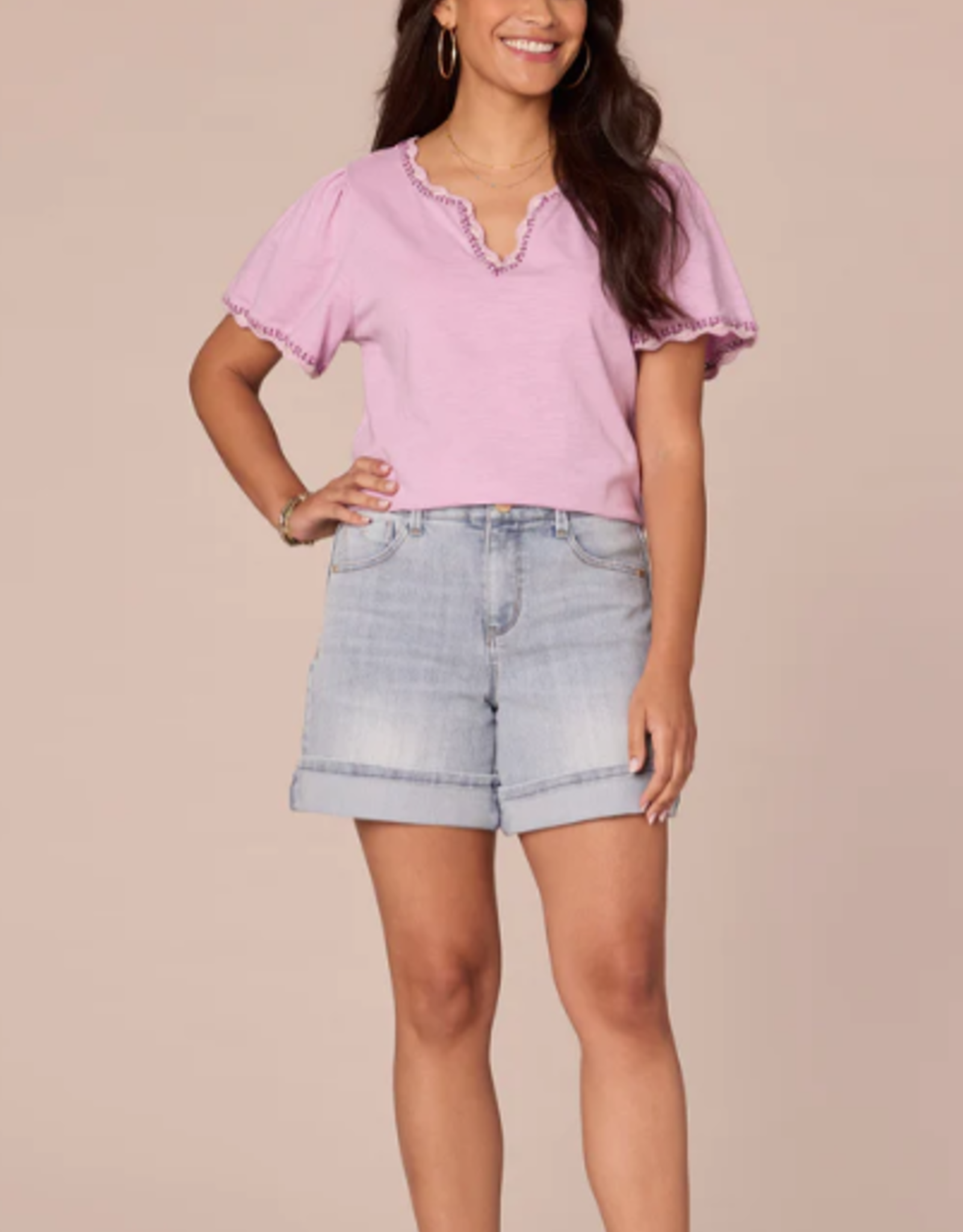 Democracy Democracy Short Bell Sleeve Scallop Crochet Edge Split V-Neck Petite Knit Top LH