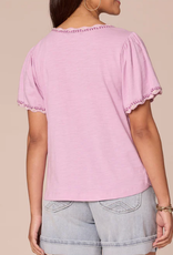 Democracy Democracy Short Bell Sleeve Scallop Crochet Edge Split V-Neck Petite Knit Top LH