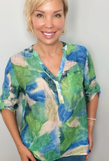 Ethyl Ethyl Green-Multi V-Neck w/Buttons 3/4 Slv Top