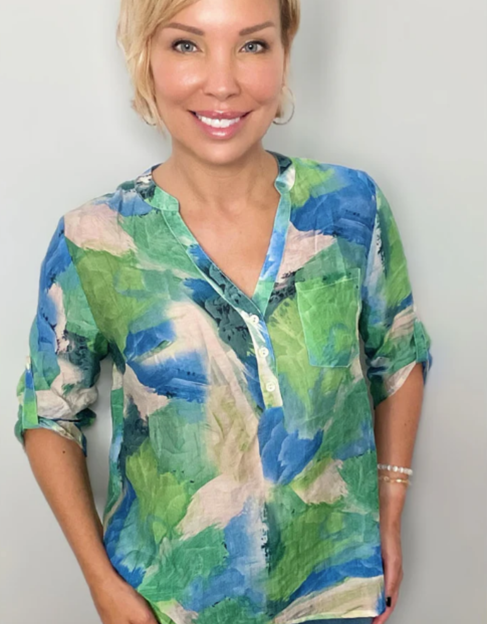 Ethyl Ethyl Green-Multi V-Neck w/Buttons 3/4 Slv Top