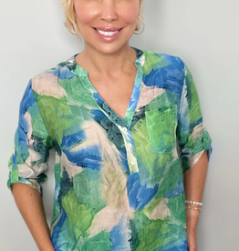 Ethyl Ethyl Green-Multi V-Neck w/Buttons 3/4 Slv Top