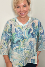 Ethyl Ethyl Blue Floral Leaf Print V-Neck 3/4 Slv Top