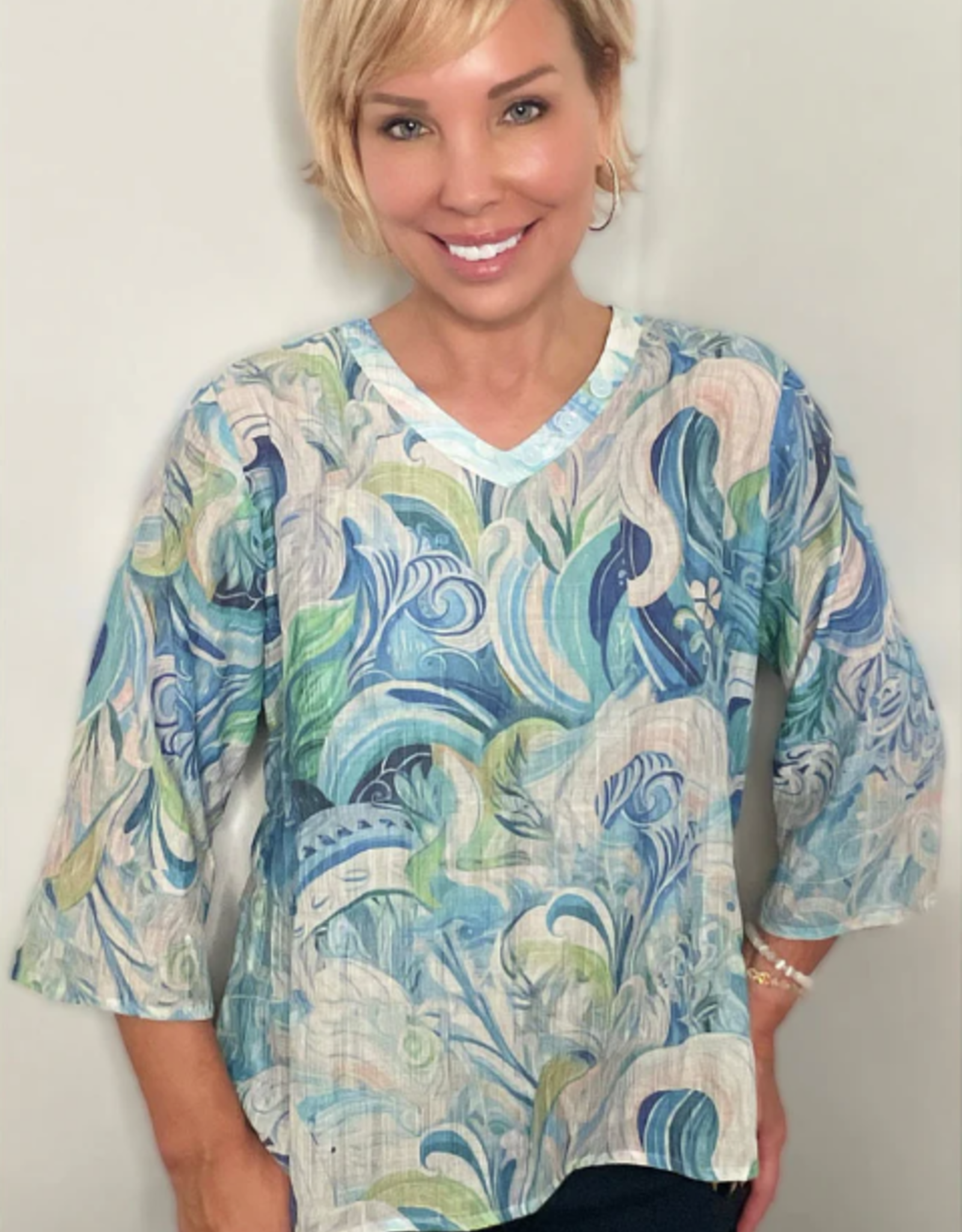 Ethyl Ethyl Blue Floral Leaf Print V-Neck 3/4 Slv Top