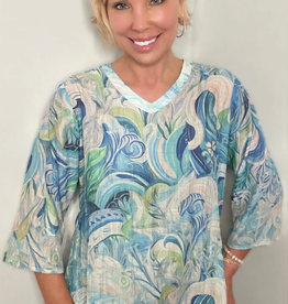 Ethyl Ethyl Blue Floral Leaf Print V-Neck 3/4 Slv Top