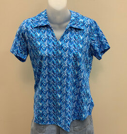 Lulu B Lulu B Chevron Blue Print V-Neck Collar  S/S Top LO
