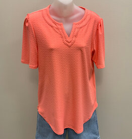 Ruby Rd Ruby Rd 43455 Papaya 3/4 Sleeve Split Neck Jacquard Dot Knit Top BK