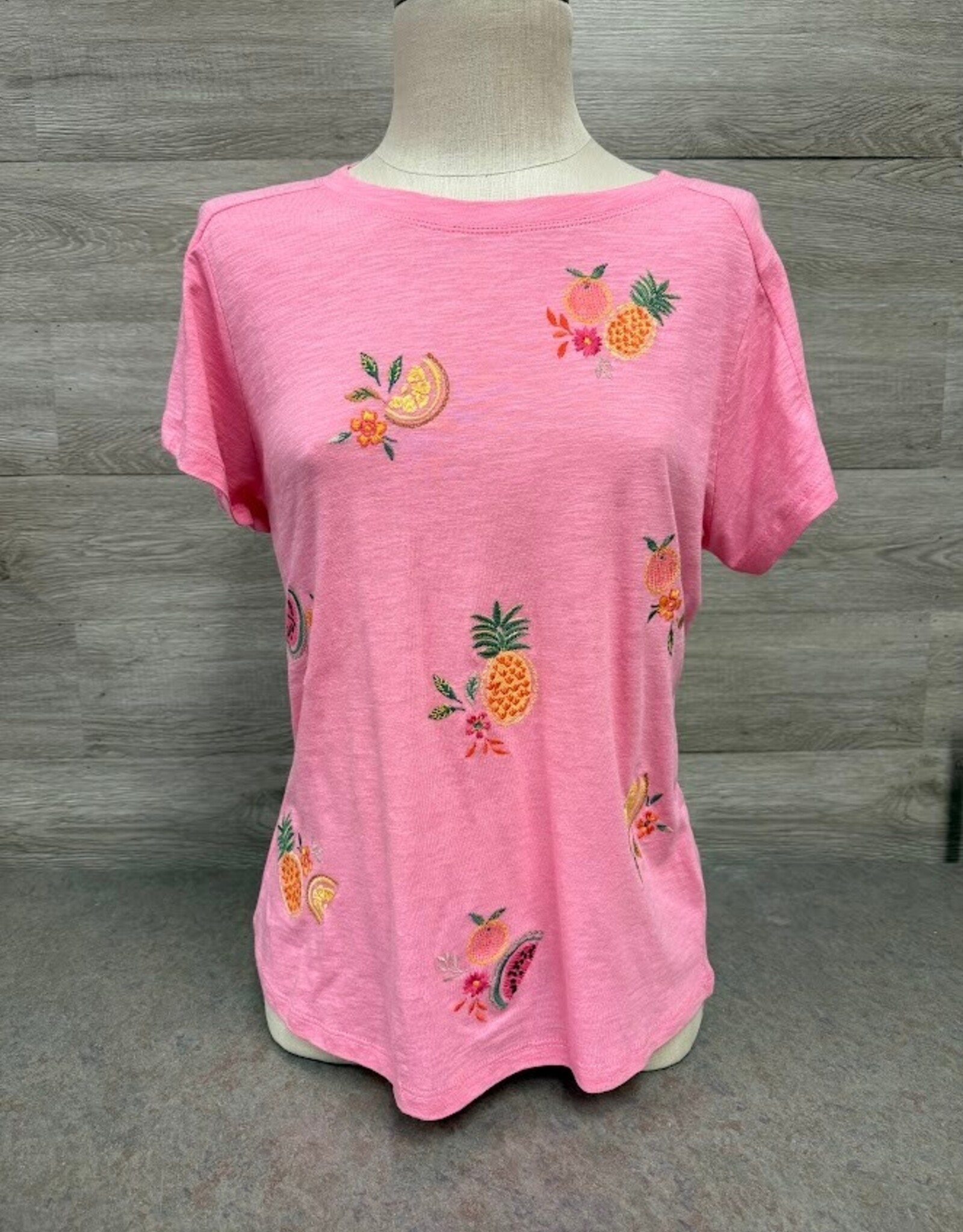 Democracy Democracy B35588P51E Short Sleeve Scoop Neck Embroidered Fruit Knit Boyfriend Tee LL
