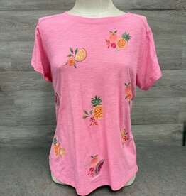 Democracy Democracy B35588P51E Short Sleeve Scoop Neck Embroidered Fruit Knit Boyfriend Tee LL