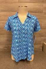 Lulu B Lulu B  Chevron Blue Print V-Neck Collar  S/S Top LO