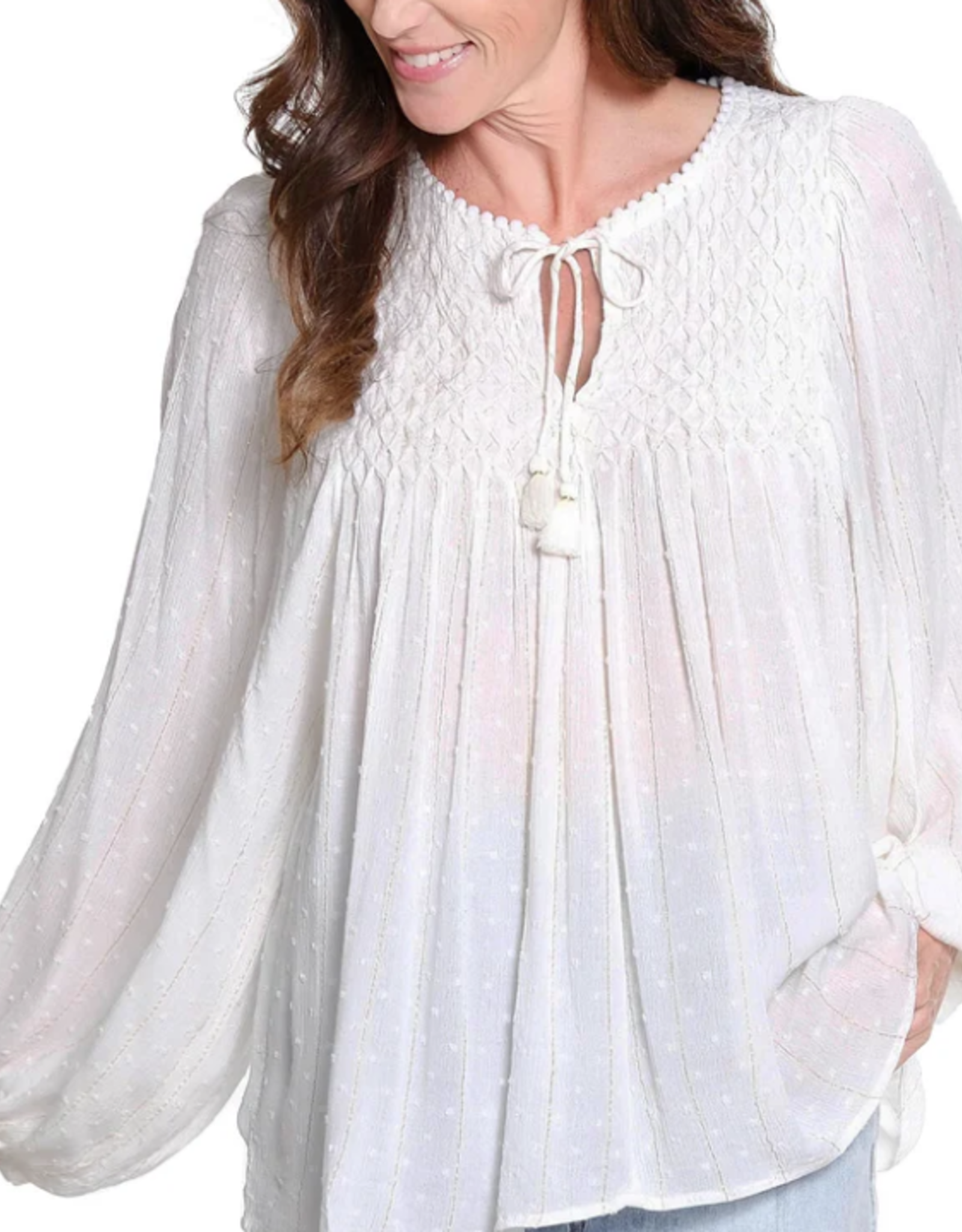 Tru Luxe Tru Luxe Soft White Smocked Front Tie Neck Top CC