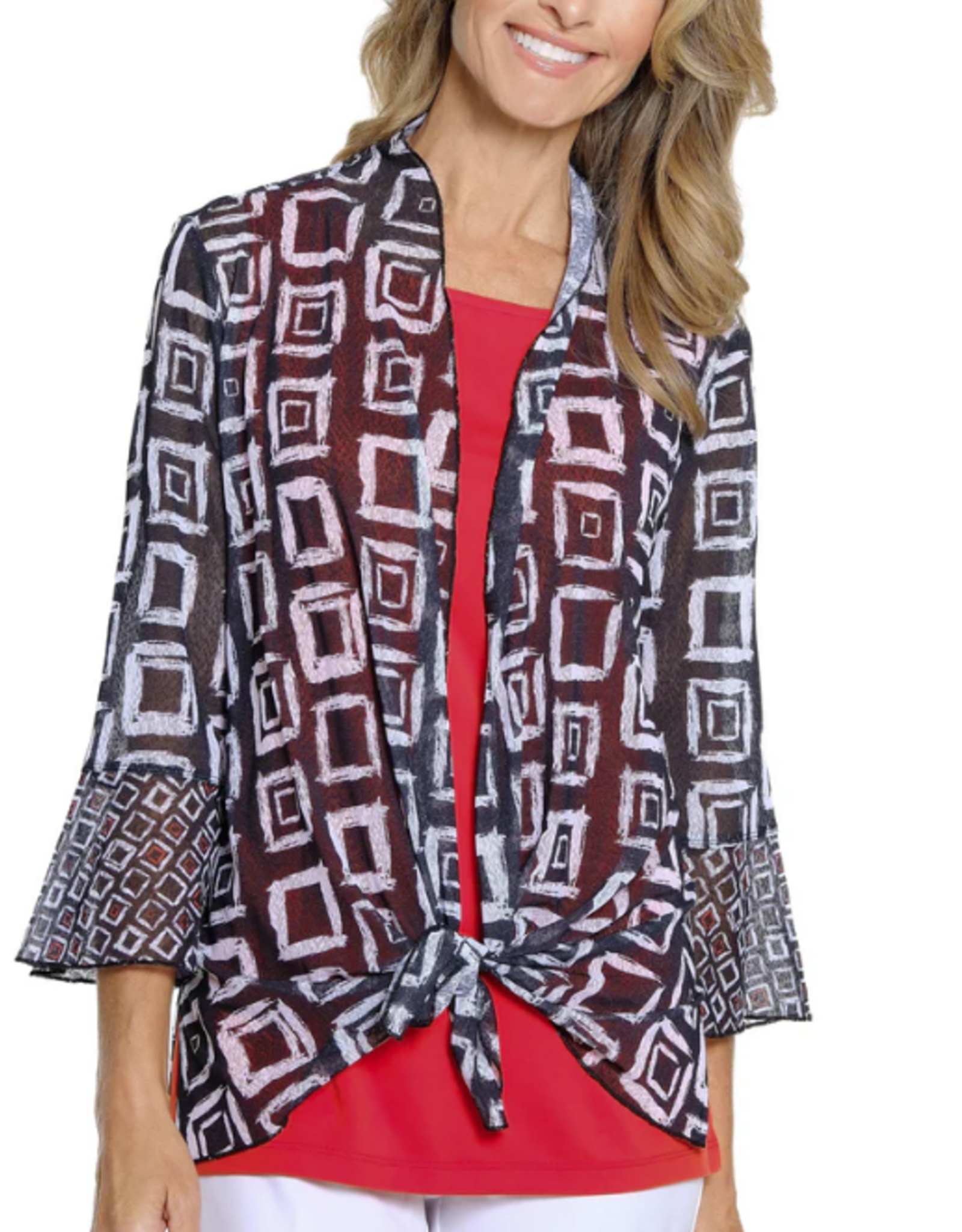 Multiples Multiples Blk/Wht 3/4 Flounce Sleeve Shawl Collar tie Front Jacket AS