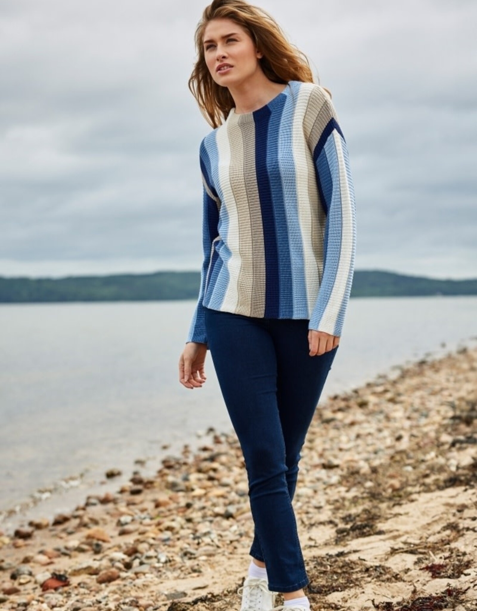 Sunday Sunday Blue Multi Long Sleeve Crew Neck Stripe Sweater